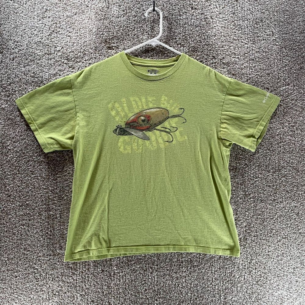 Columbia Shirt Mens Large Green Short Sleeve Outdoors Fishing Goodie Logo Crew - Picture 1 of 7